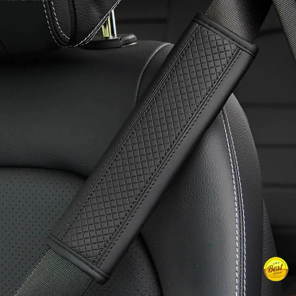 Car seat belt shoulder cover, PU leather, embossed diamond pattern, black for comfort and protection