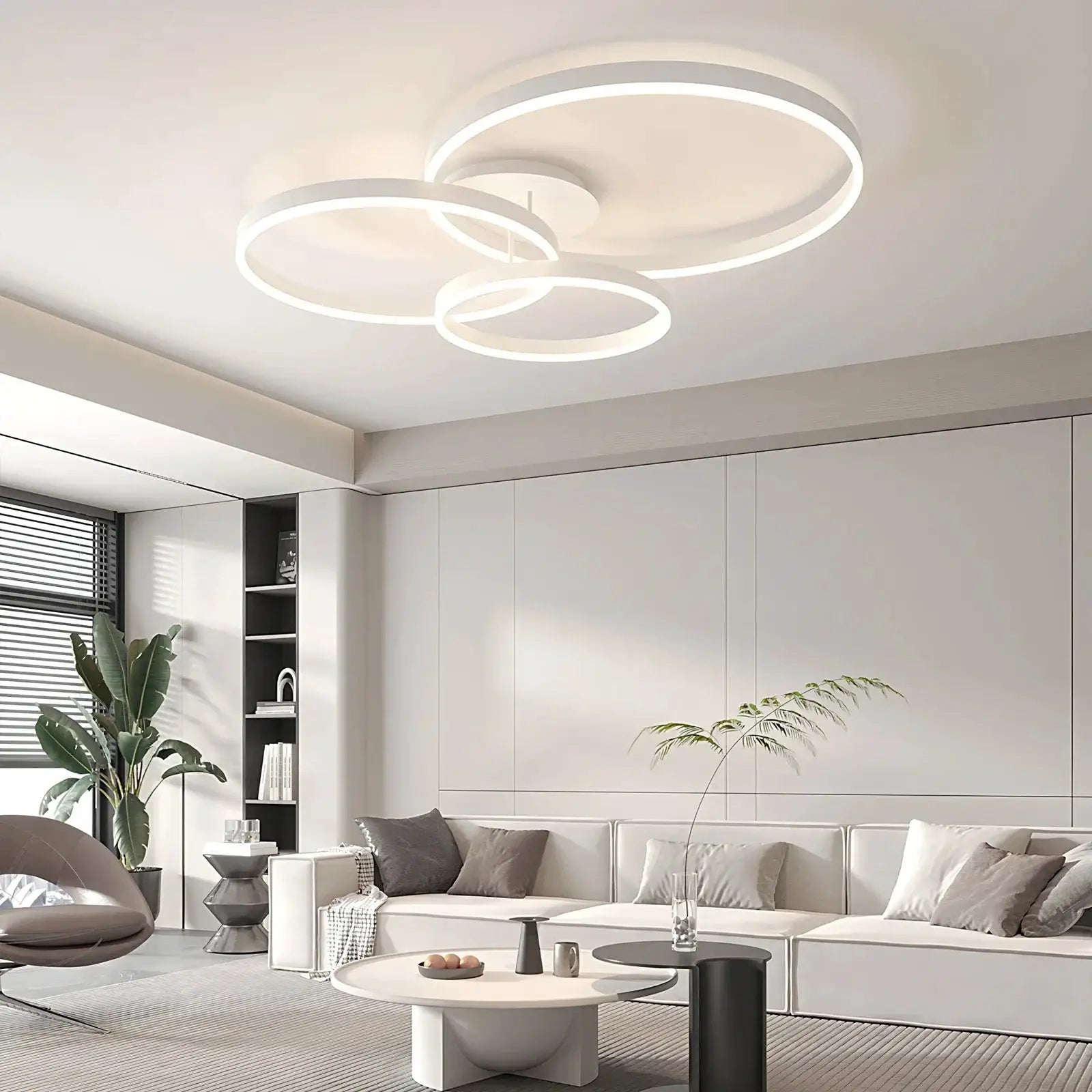 Simples Market smart ceiling chandelier with three interlocking glowing white rings for modern living room decor