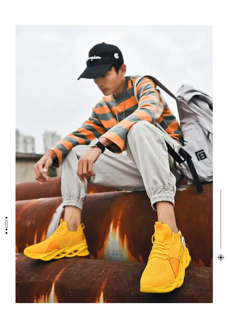 Sneakers by Simples Market; men's yellow mesh breathable casual athletic shoes with thick sole.