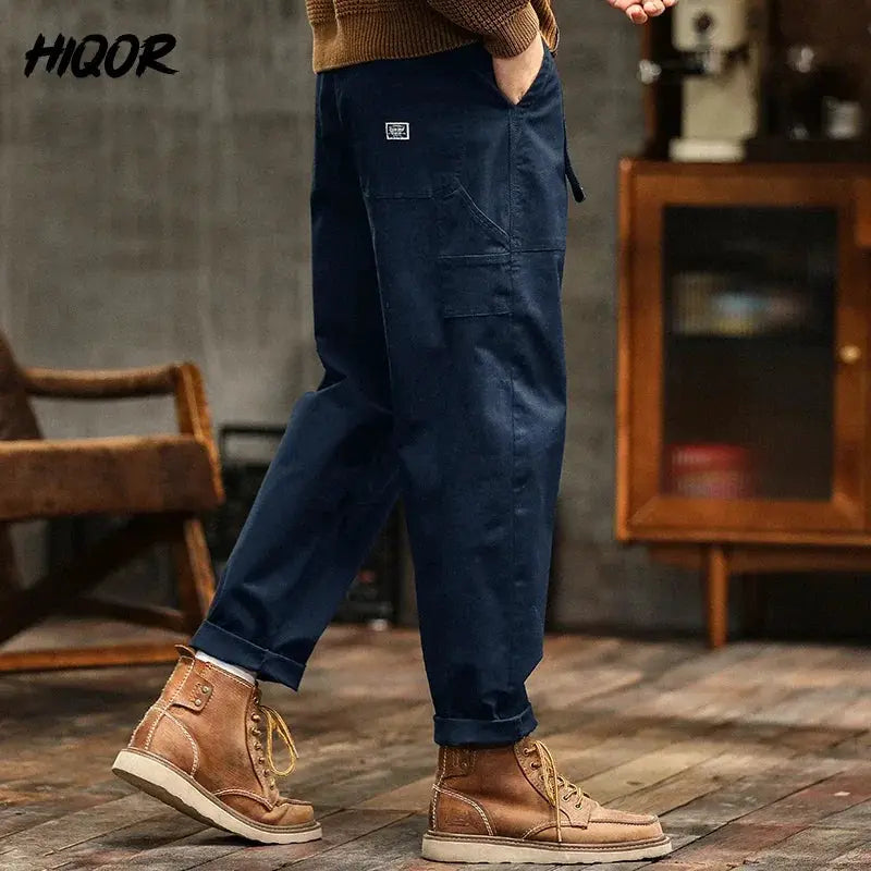 HIQOR men's loose-profile cargo pants in navy with cargo pockets and rolled cuffs
