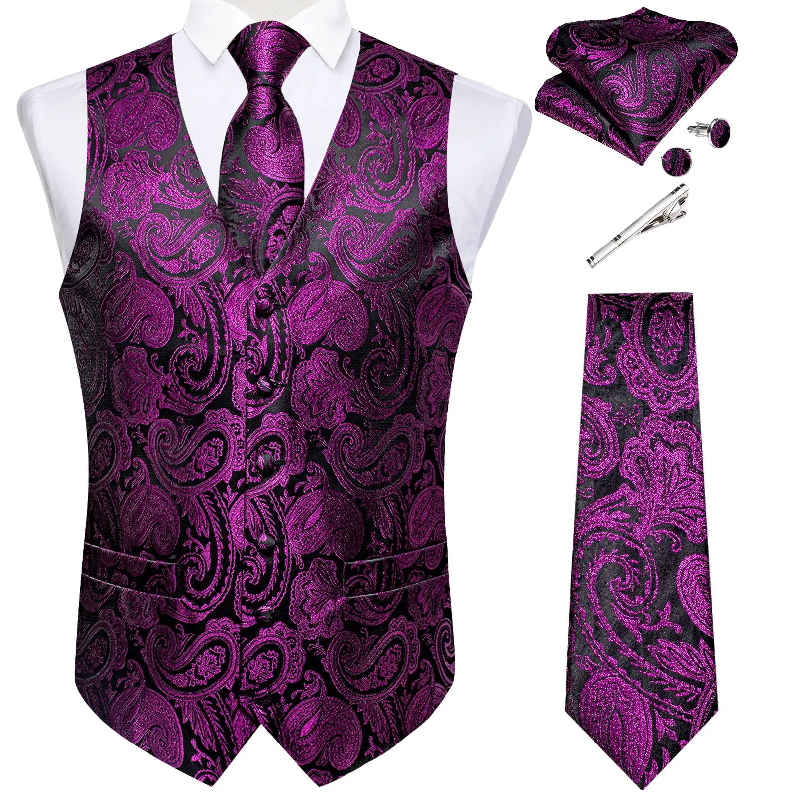 Black Jacquard Men Vest Paisley Single Breasted Wedding Groom