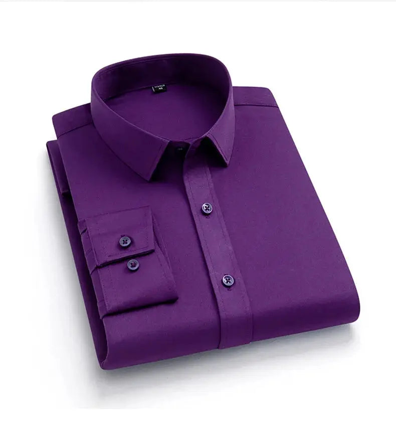 Men's purple non-iron dress shirt, slim-fit, folded, no pocket