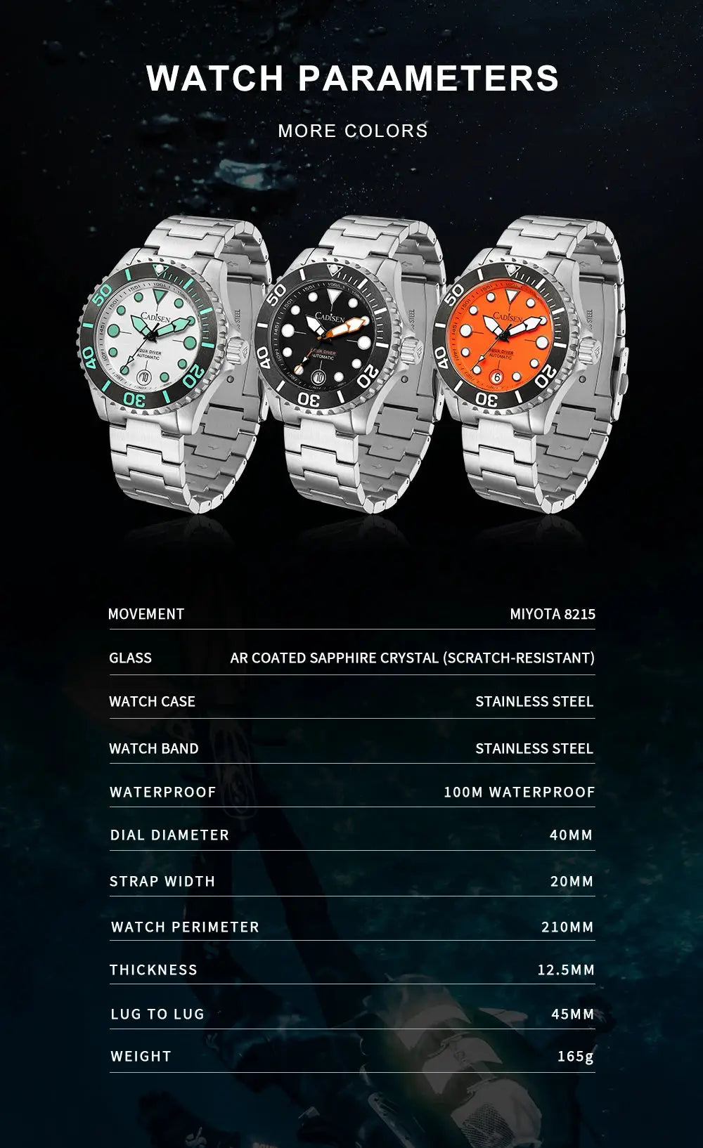 Cadisen Aqua Diver automatic watches (3-pack) in stainless steel bracelets with turquoise, black, and orange dials