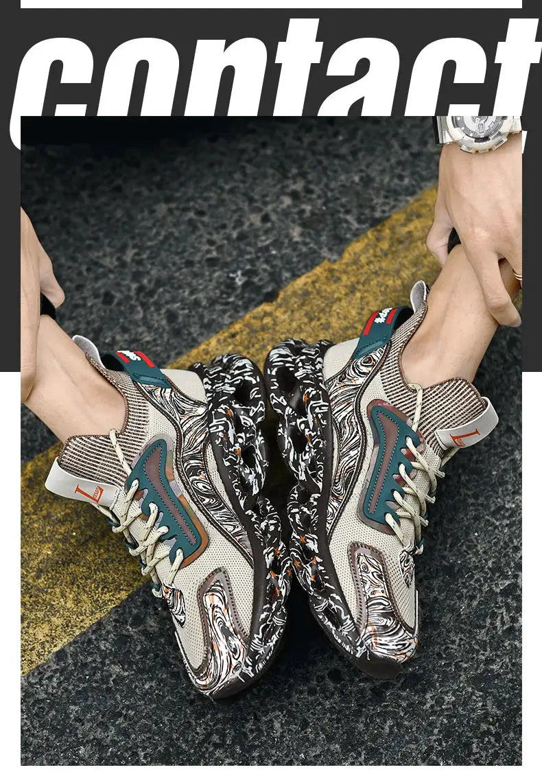 Pair of Simples Market men's sneakers, beige/gray running shoes with teal accents