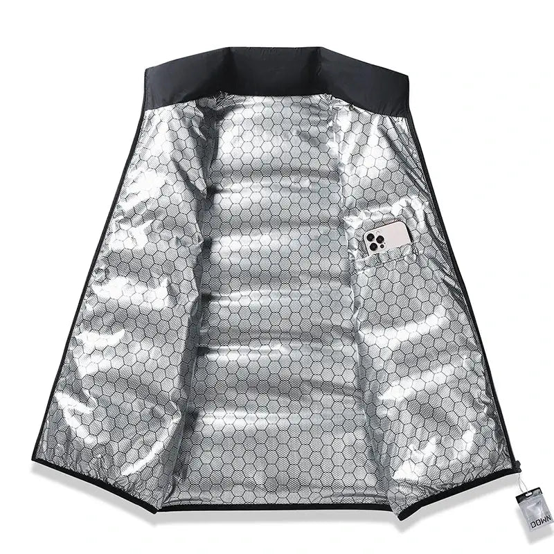 Winter men's white duck-down jacket interior with silver hex-pattern lining and phone pocket.