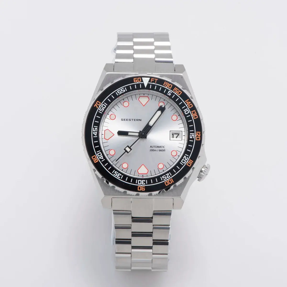 Seestern SUB600T diver watch, stainless steel bracelet, silver dial, black-orange bezel, NH35 auto, 200m water resistant