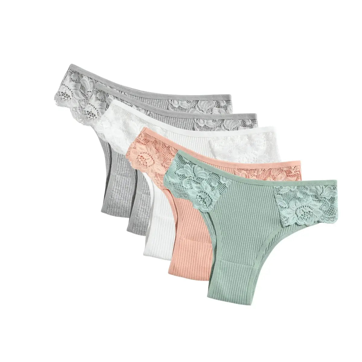 5-pack Simples Market cotton panties with floral lace side panels in grey, white, peach, mint, sage green