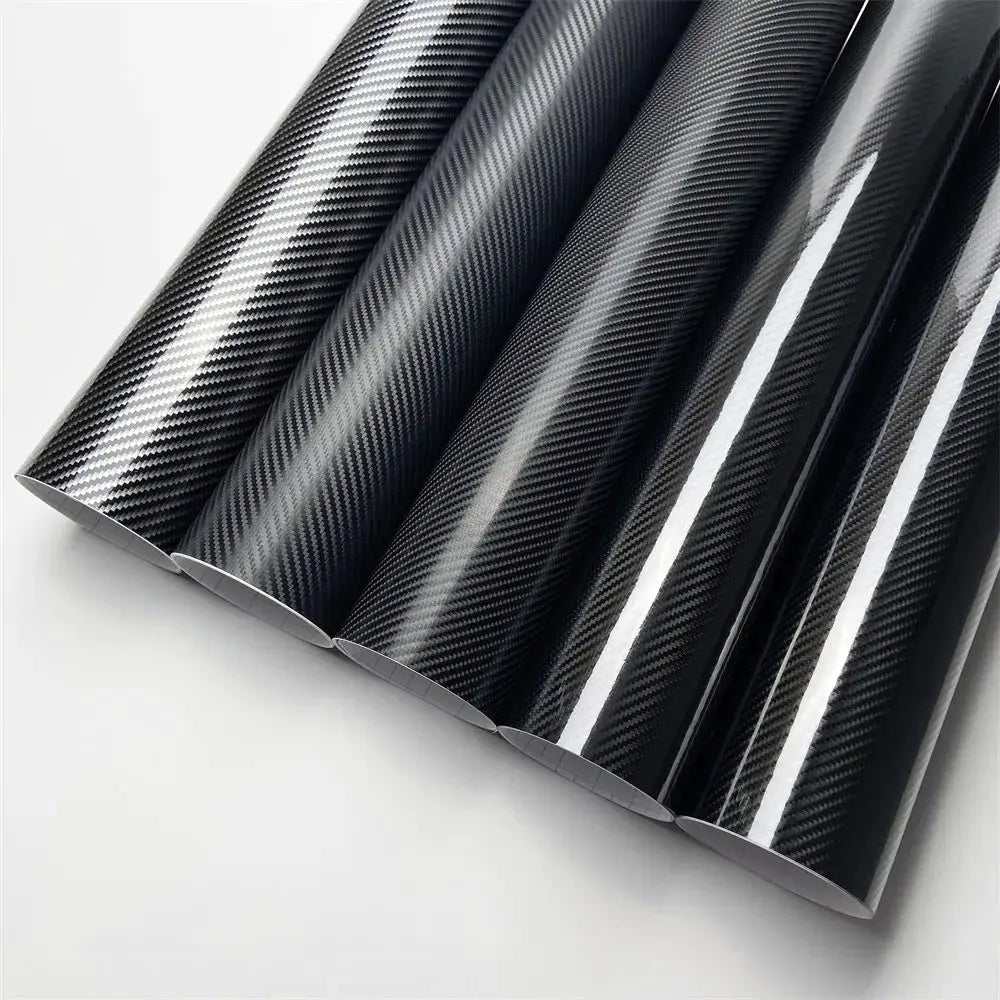 Black carbon fiber vinyl wrap rolls; automotive and motorcycle styling, air-release channels, multiple rolls