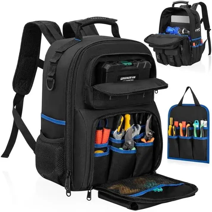 Simples Market water-resistant tool backpack in black with padded straps and removable organizer pockets