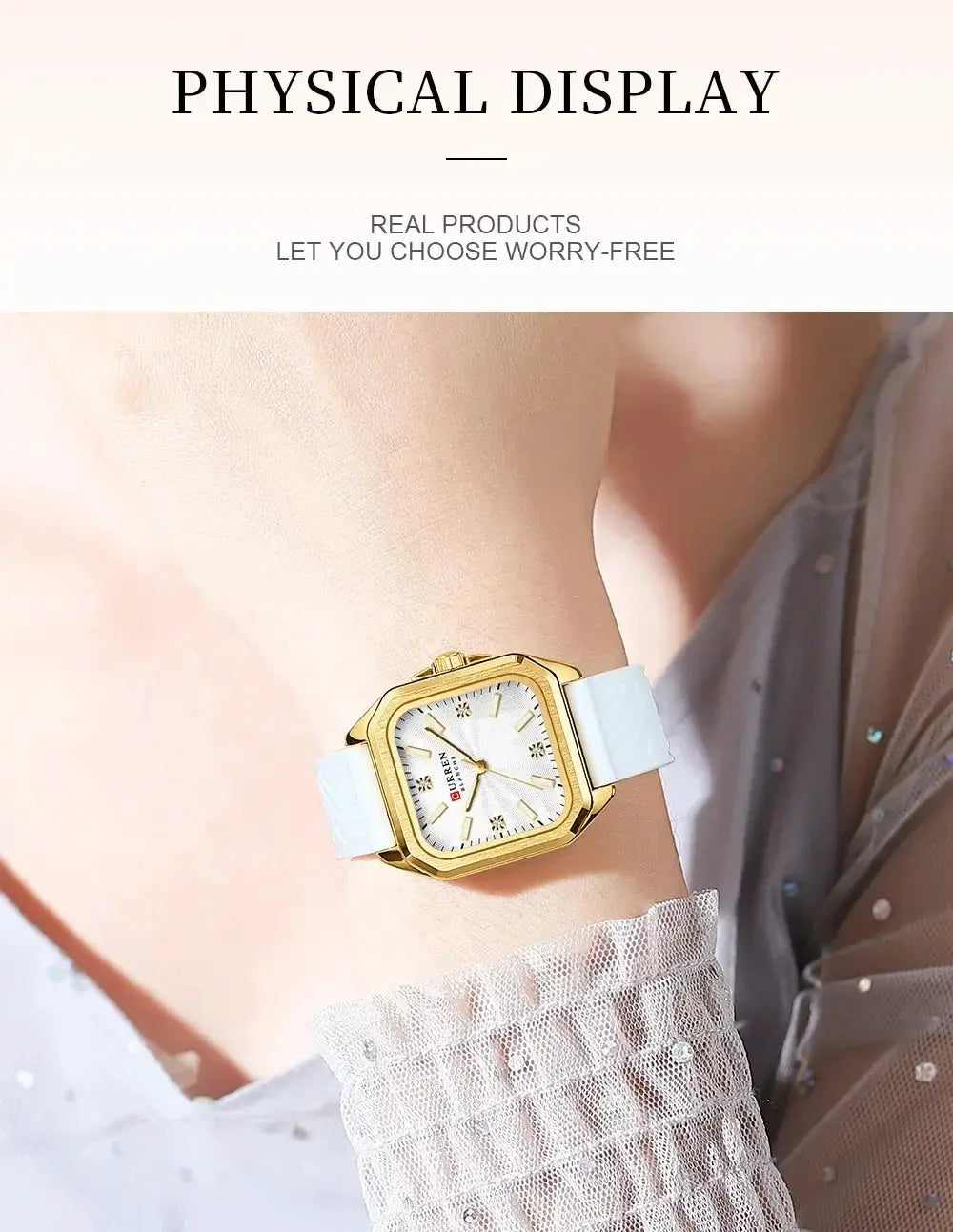CURREN 9113 ladies' quartz watch by Simples Market; white strap, gold-tone square case, daily wear for stylish looks.