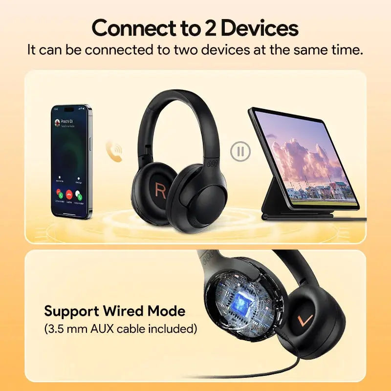 QCY H3 ANC wireless over-ear headphones in black by Simples Market; 3.5mm wired mode included, shown with phone/tablet.