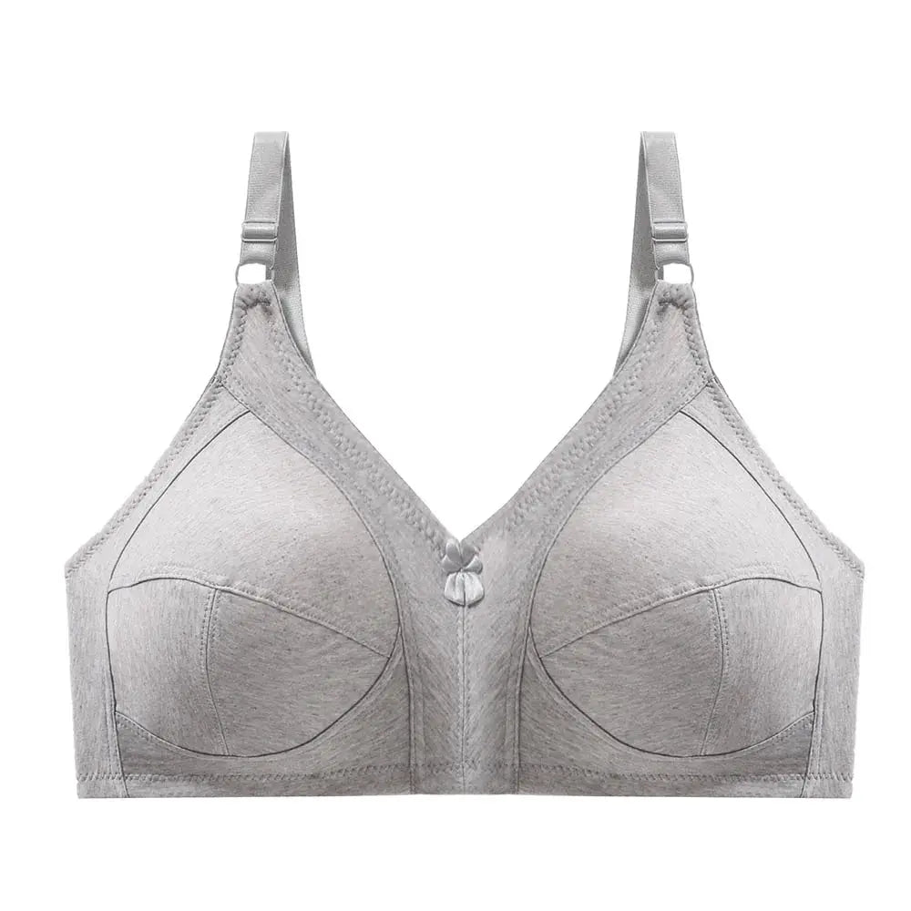 Seamless full-cup gray bra with adjustable straps and center bow