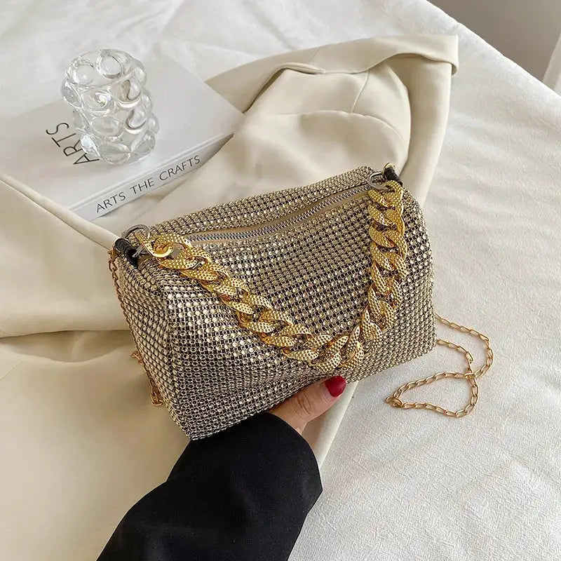 Allover Rhinestone Bucket Bag With Glitter Chain Prom Purse, Women's Mini Crossbody Bag