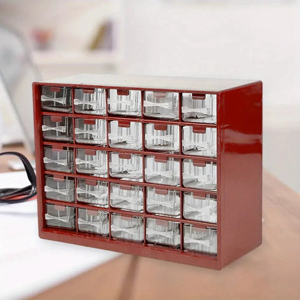 25-drawer wall-mounted parts box, red frame with clear-front drawers for small parts