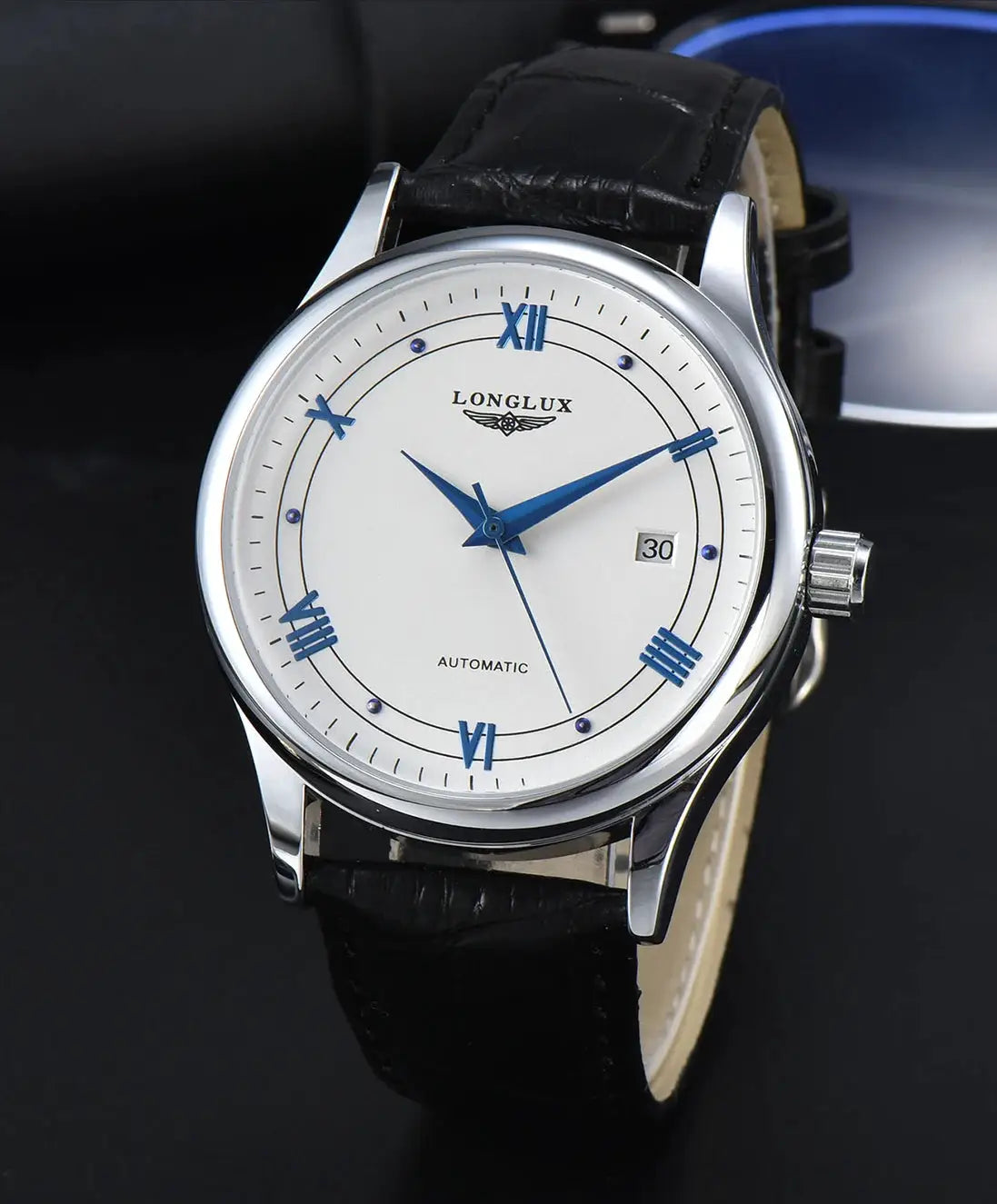 LONGLUX automatic men's wristwatch with white dial, blue Roman numerals and hands, black leather strap, date window