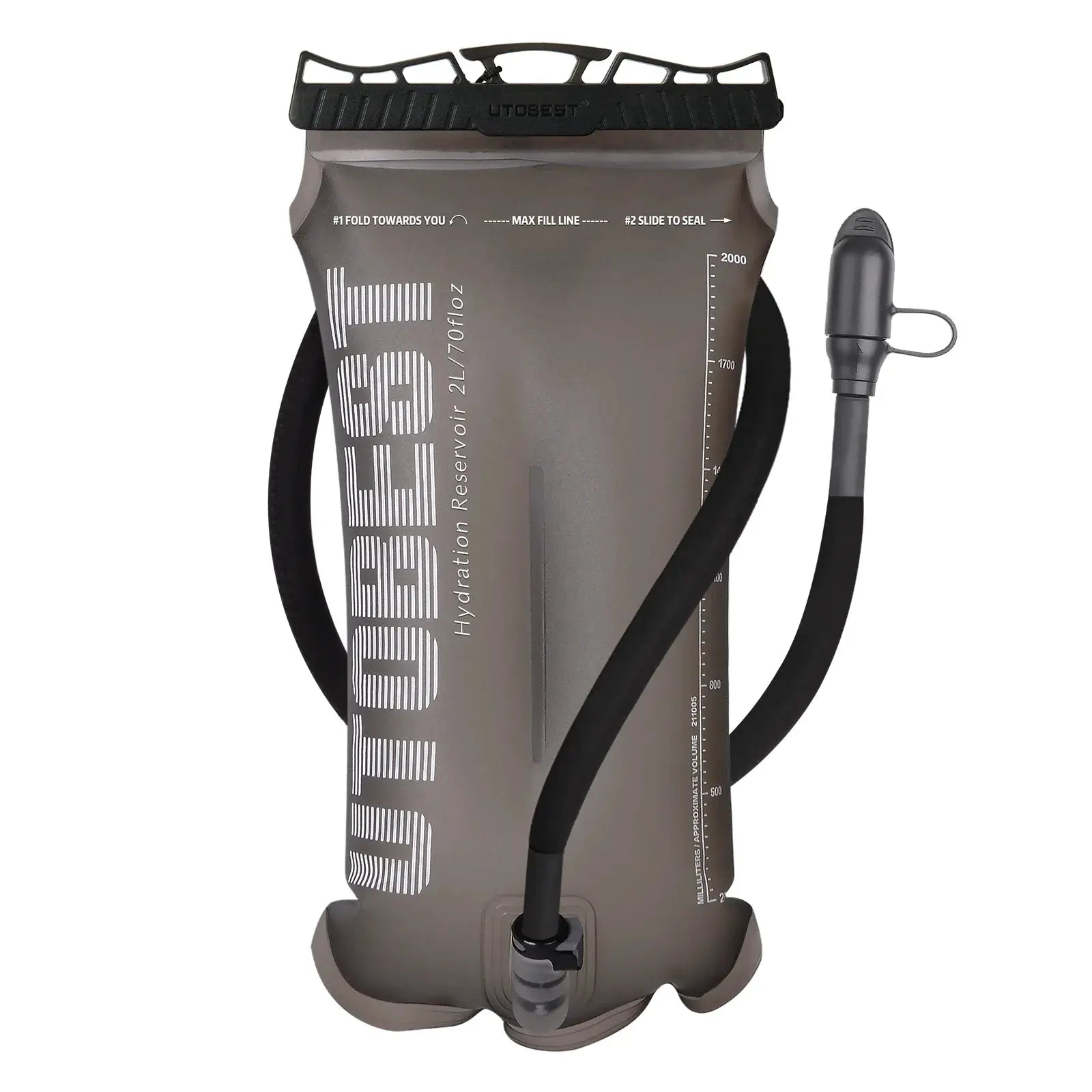 Hydration bladder reservoir by UTOBEST in gray TPU with bite valve hose, 1.5L/2L/3L capacity.