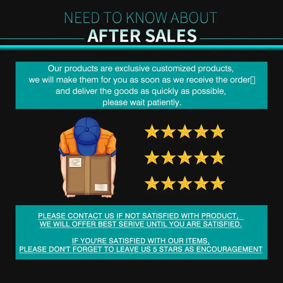 After-sales information banner with teal panels, a delivery cartoon, and three rows of five-star icons.