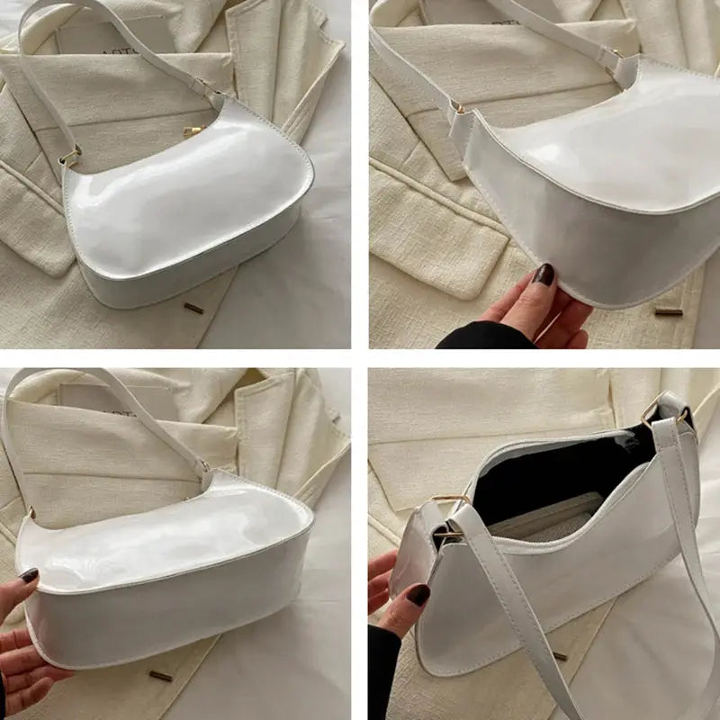 White PU leather shoulder bag with glossy finish, retro curved hobo silhouette and single strap