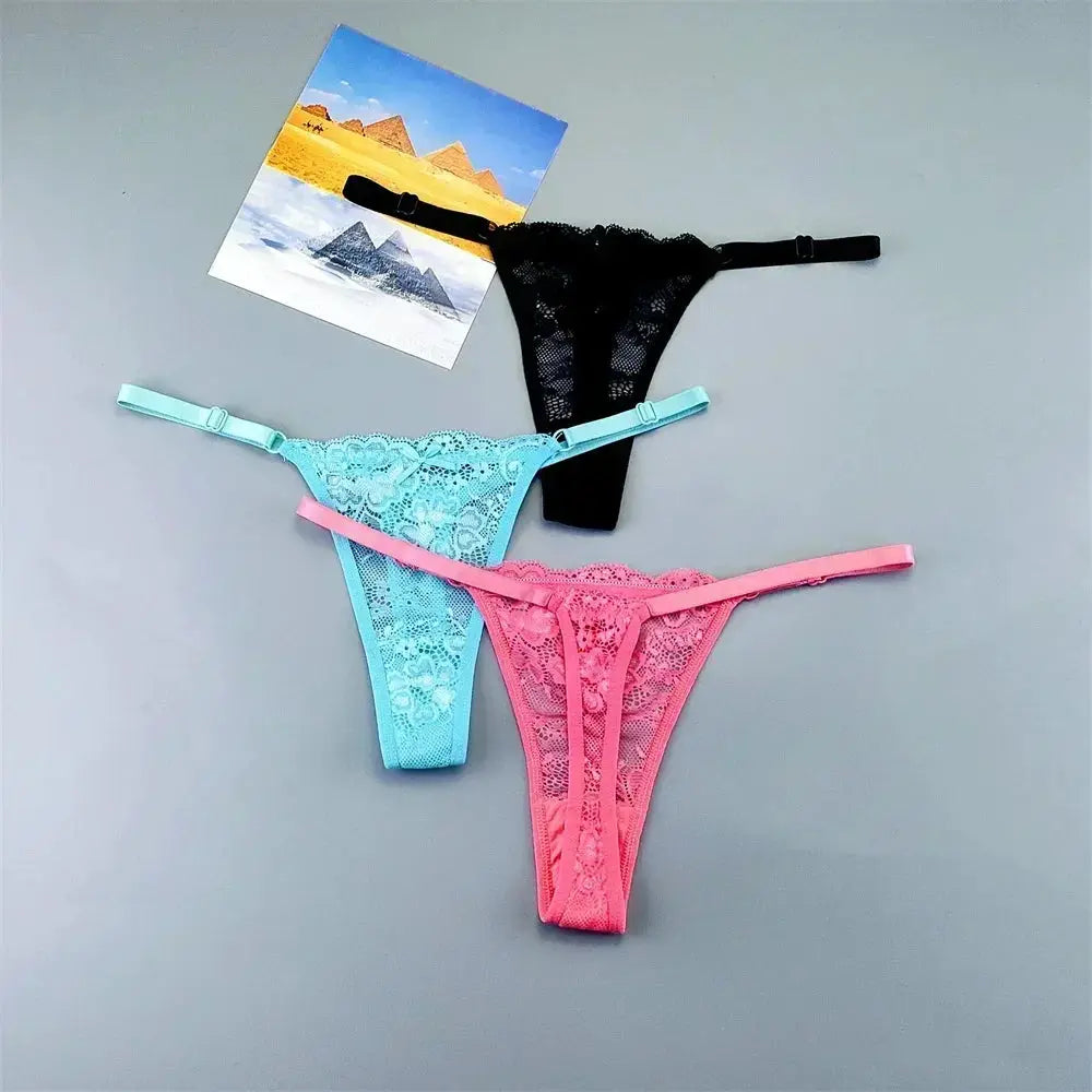 3-piece lace thong underwear set by Simples Market in black, turquoise, and pink with adjustable side straps