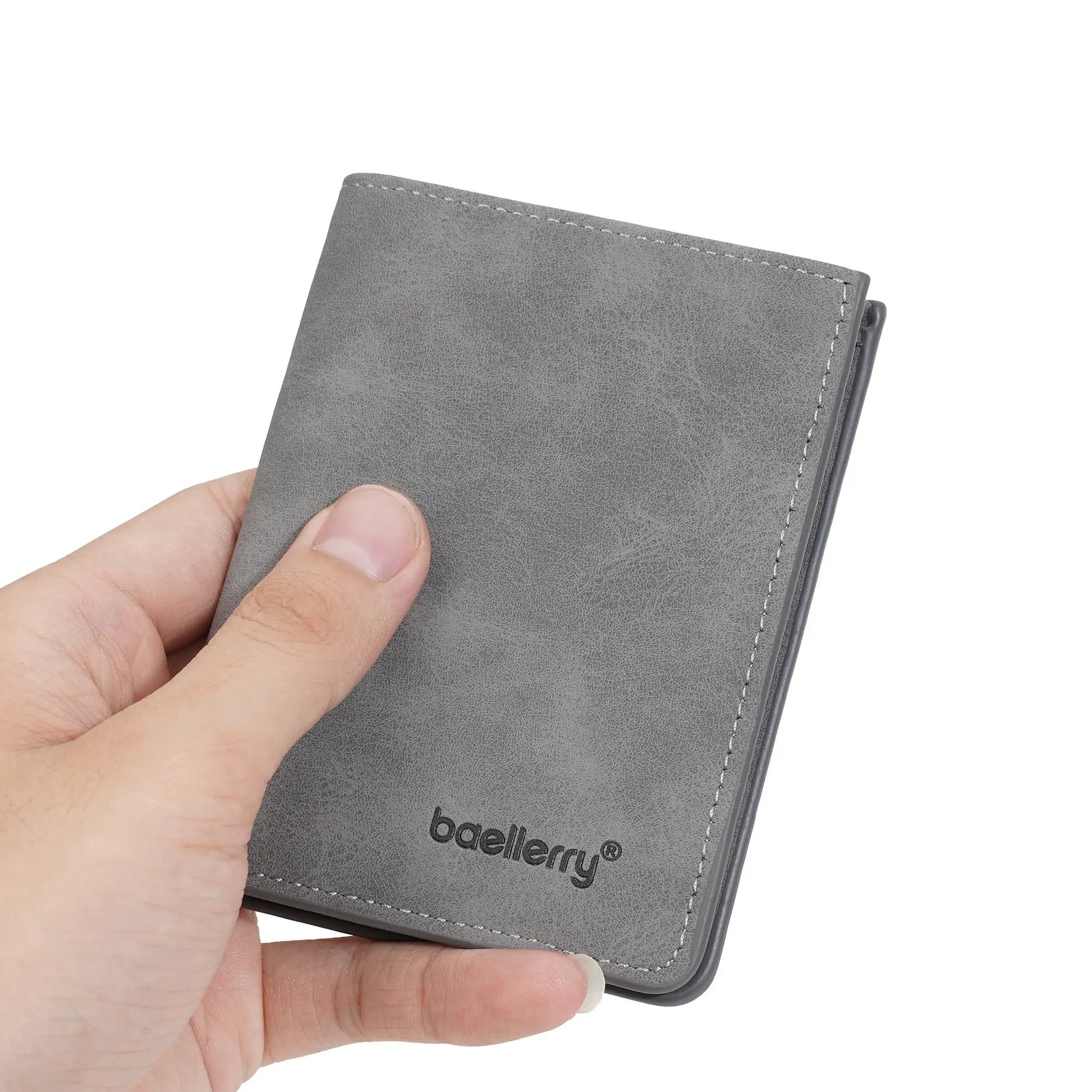 Baellerry men's short wallet in gray leather with RFID anti-theft, compact bi-fold