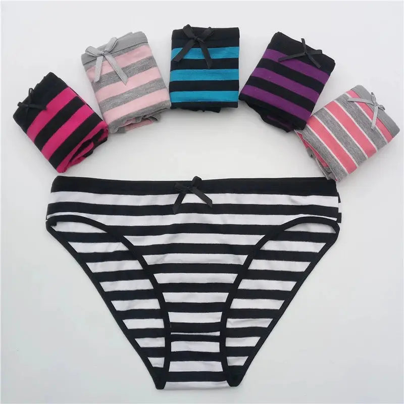Women's cotton panties set of 5 striped briefs with bows in black/white and assorted colors, Simples Market