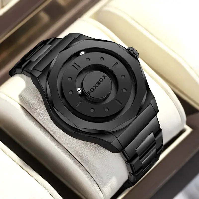 FOXBOX men's stainless steel black watch with bracelet, displayed in a presentation box