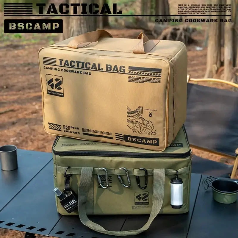 BSCAMP tactical camping bag set with two bags: beige insulated top bag and olive storage bag, carabiners and water bottle at campsite.