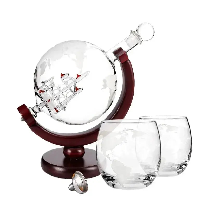 900ML Globe Decanter Set With Lead Free Carafe Wood Stand And Two Glasses Whiskey Gift