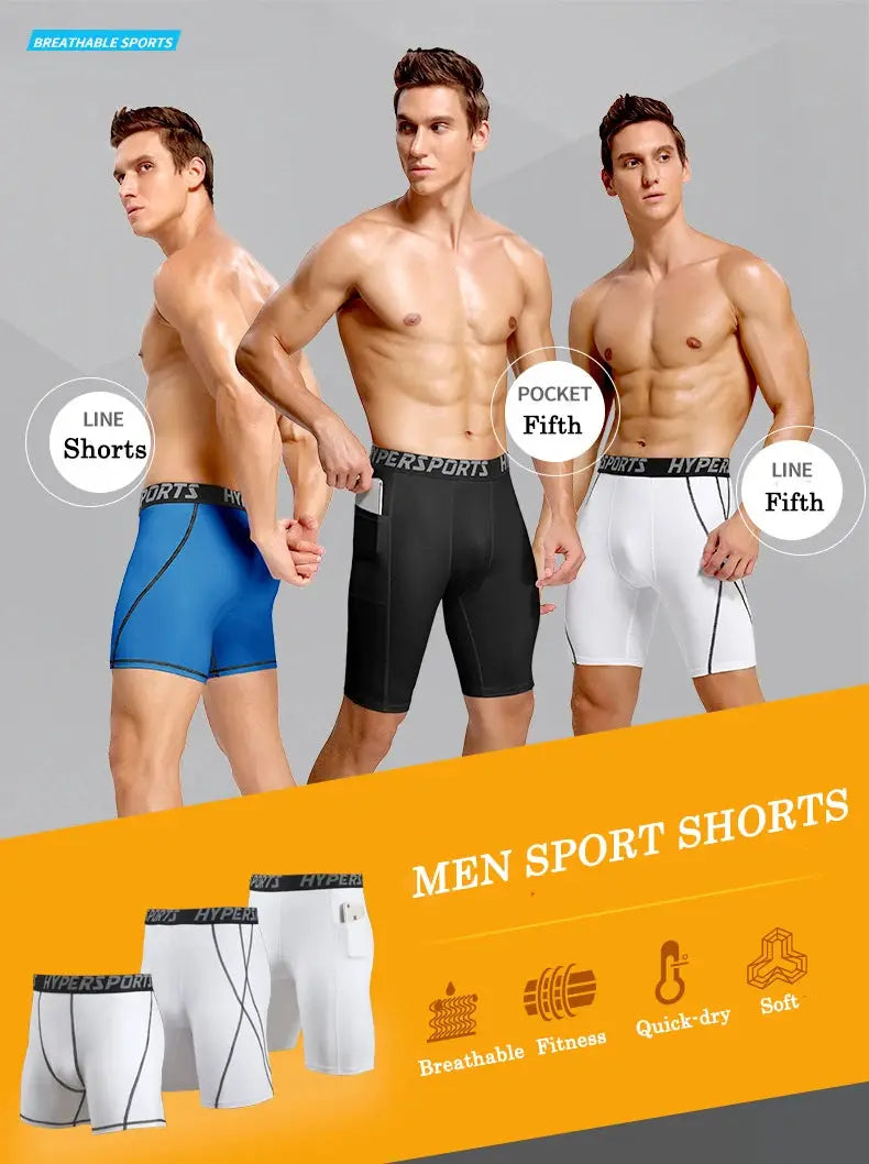 Simples Market men's compression shorts; blue, black and white with HyperSports waistband, breathable gym wear