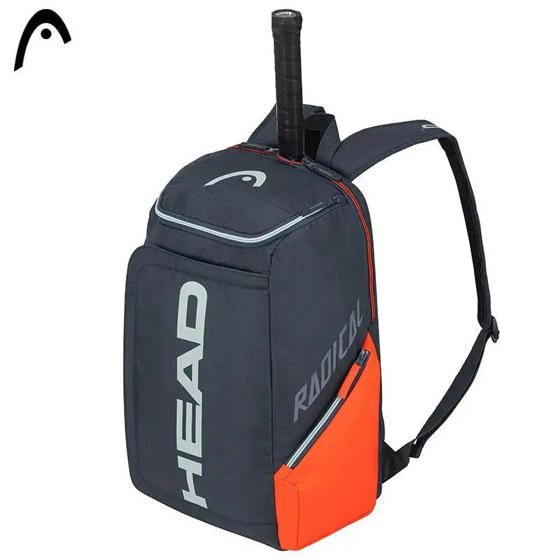 HEAD Radical tennis backpack, navy with orange side pocket and large HEAD logo