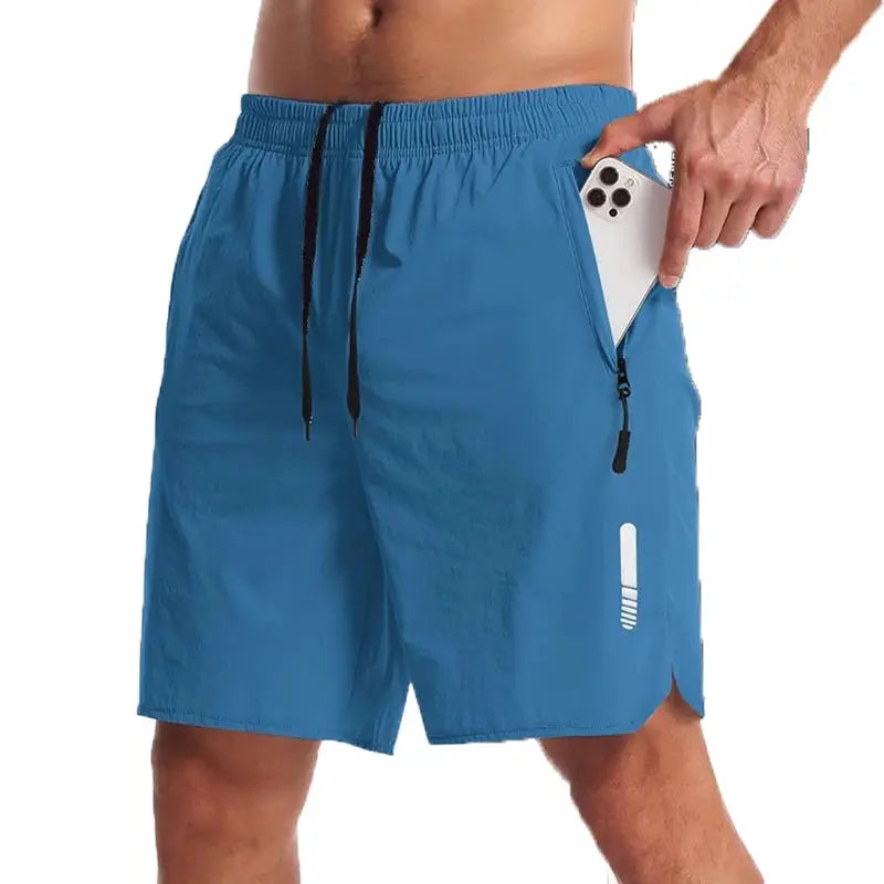 Men's blue Simples Market sport shorts with elastic waist, black drawstring, zip side pocket for phone, leg logo