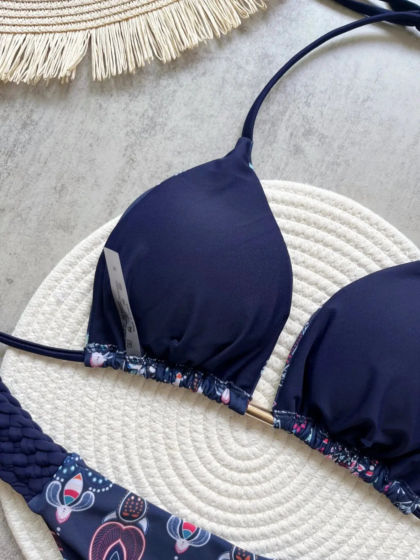 RUOTONSEPT navy blue halter bikini top from a two-piece swimsuit with patterned straps