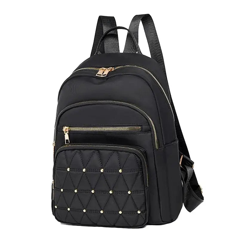 Travel backpack by Simples Market, black bag with quilted front pocket and gold zippers, large capacity