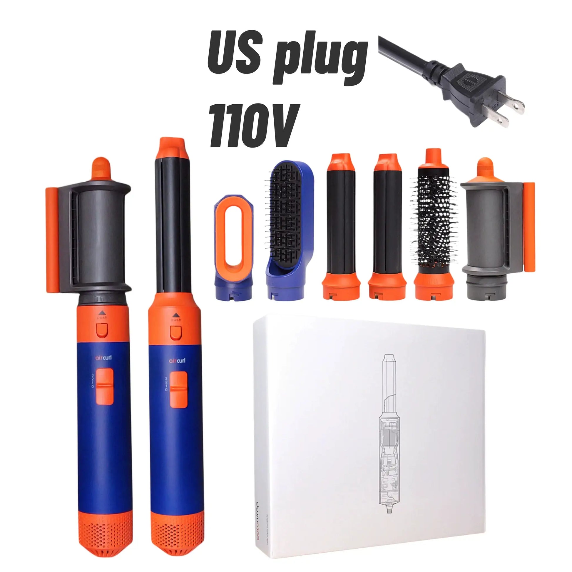 6-in-1 hair styler set by Simples Market with curling barrels and attachments; blue and orange handles.