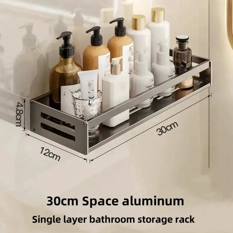 Aluminum bathroom corner shelf by Simples Market; 30cm single-layer storage rack holding shampoo bottles