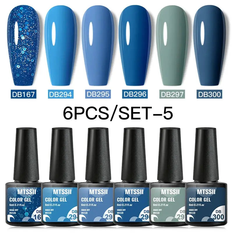 MTSSII color gel nail polish 6-piece set in blue shades with glitter swatches