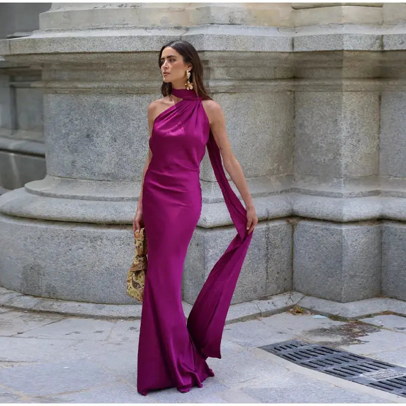 Glamouria Satin Ribbon Party Dress Halter Backless Off Shoulder Sleeveless Gown For Summer Events