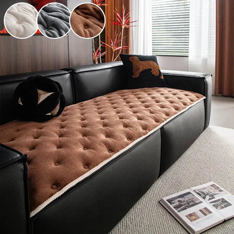 Sofa cushion brown flannel tufted pad on a black leather sofa, anti-slip all-season comfort