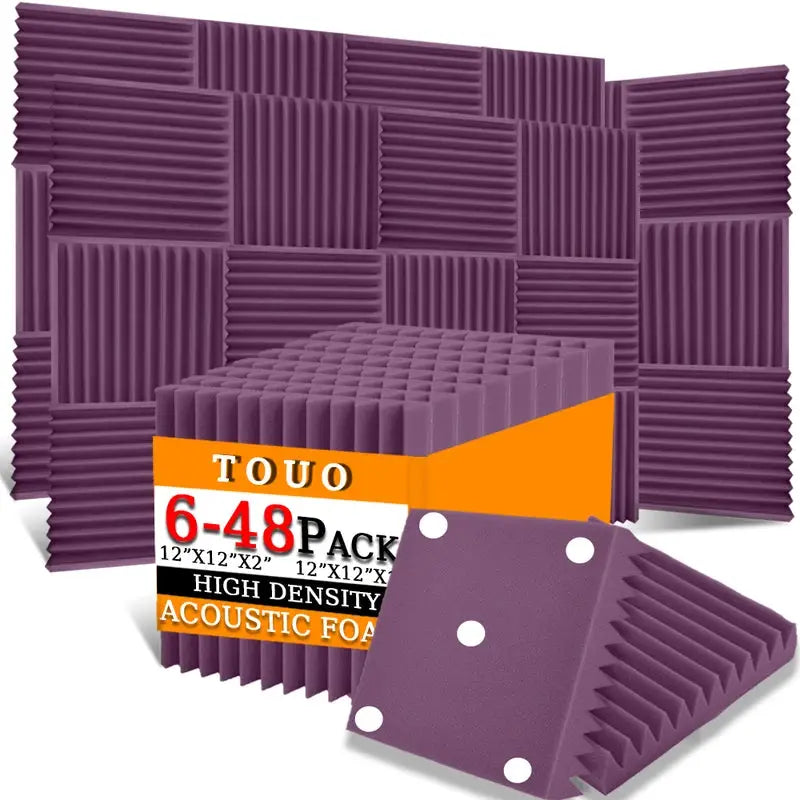 TOUO purple acoustic foam panels, 6-48 pack, high-density studio soundproofing for walls