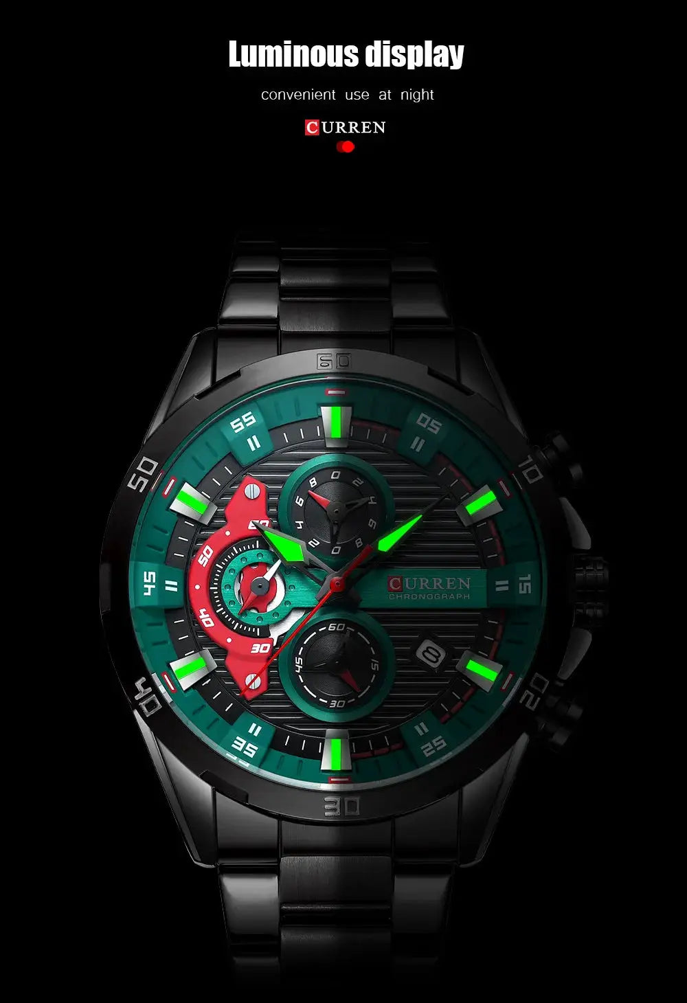 CURREN 8402 men's stainless steel chronograph watch with luminous green dial