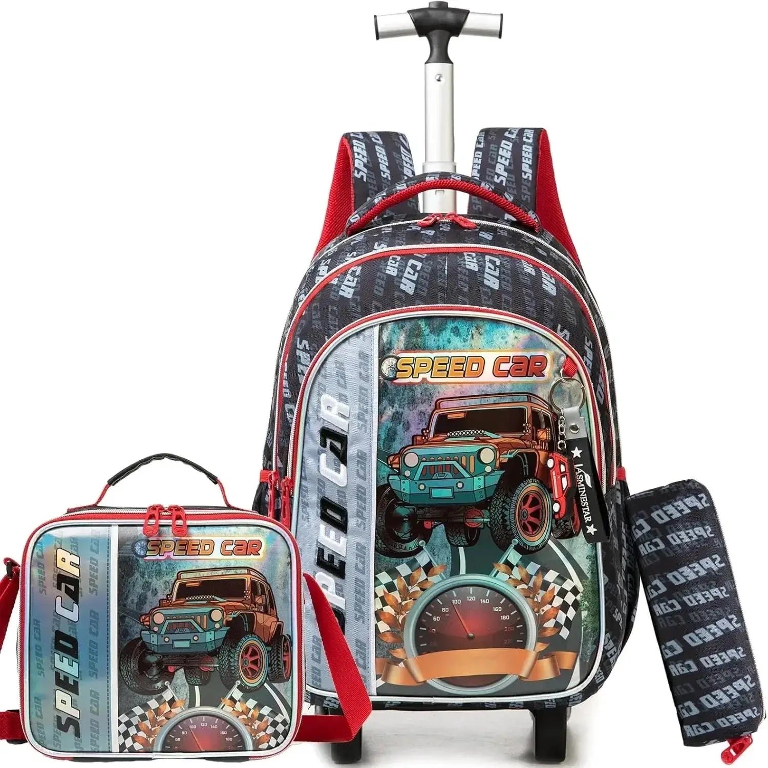 Children's wheeled backpack and lunch box set by Simples Market, blue-gray car-themed design with red accents and wheels