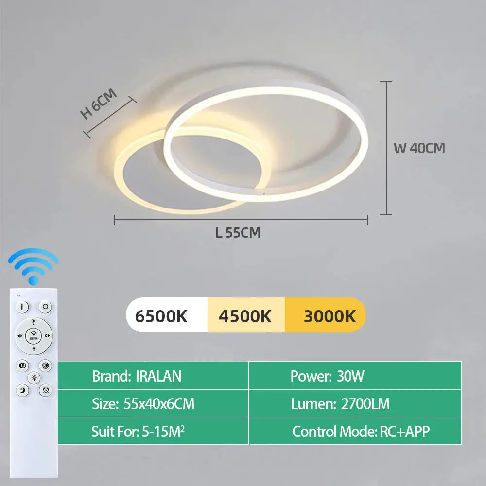 Modern LED Ceiling Chandelier with overlapping white rings, remote dimmable by Simples Market