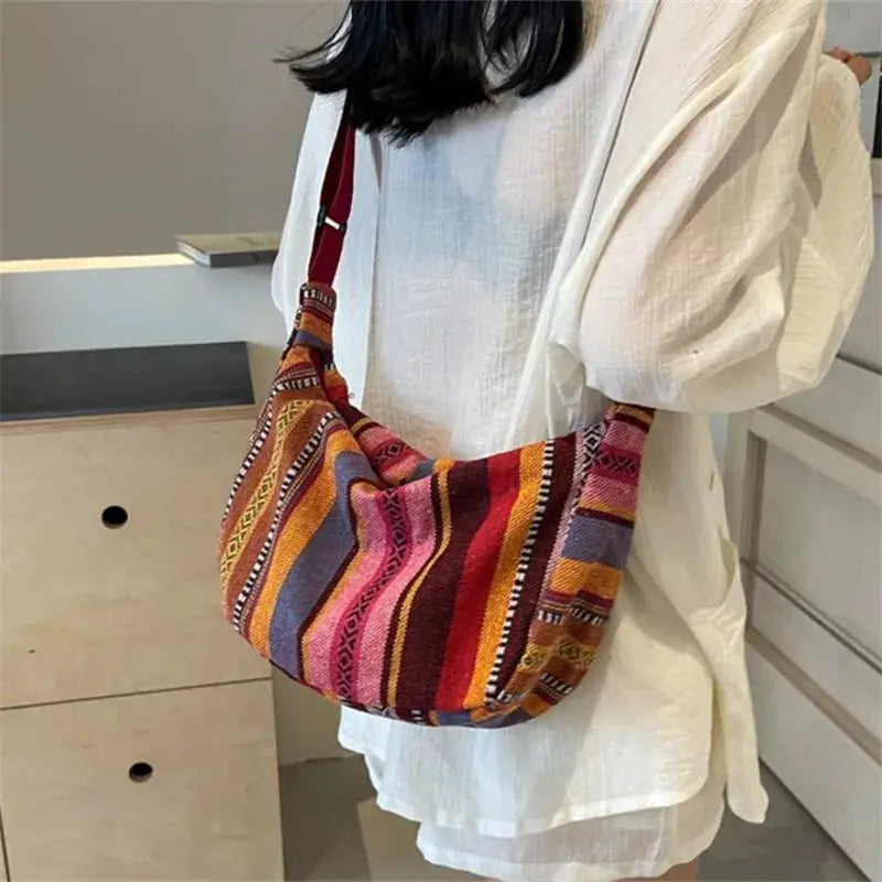 Tribal Style Foldable Crossbody Bag With Zipper Closure And Striped Flag Pattern Canvas