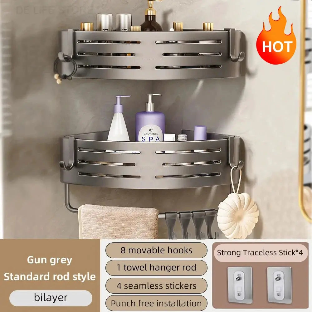 Simples Market gun-gray 2-tier bathroom corner shelf with no-drill installation and towel bar