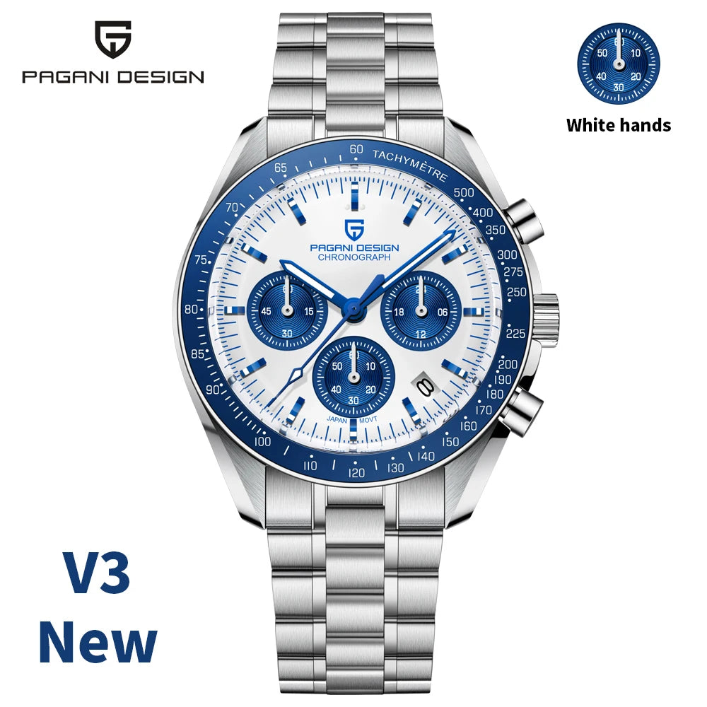 Pagani Design chronograph moon watch with blue bezel, white dial, stainless steel bracelet