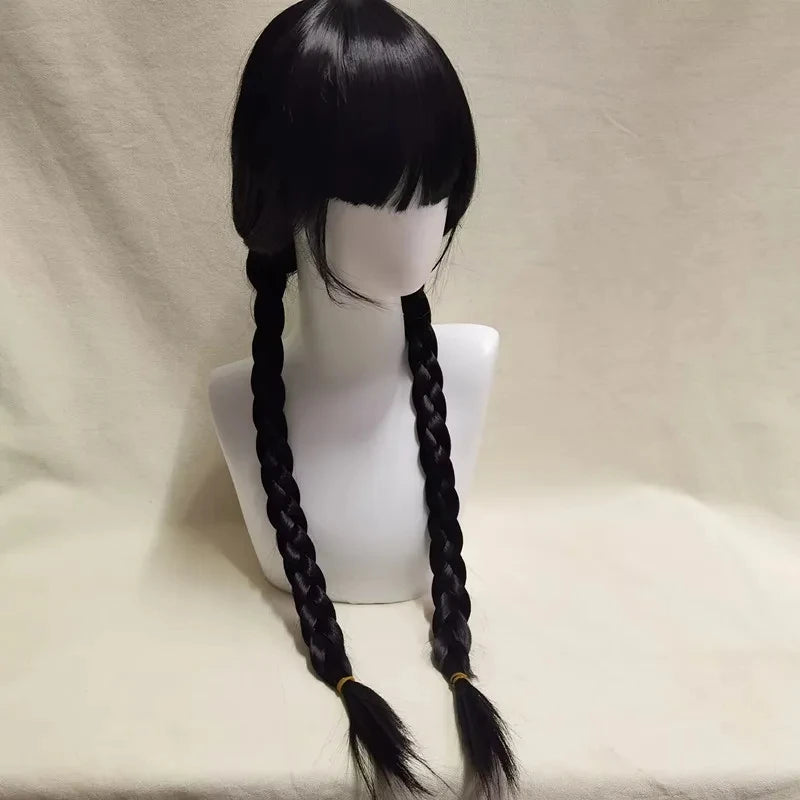 Addams Family Morticia cosplay wig, black long straight hair with bangs and twin braids, heat-resistant synthetic