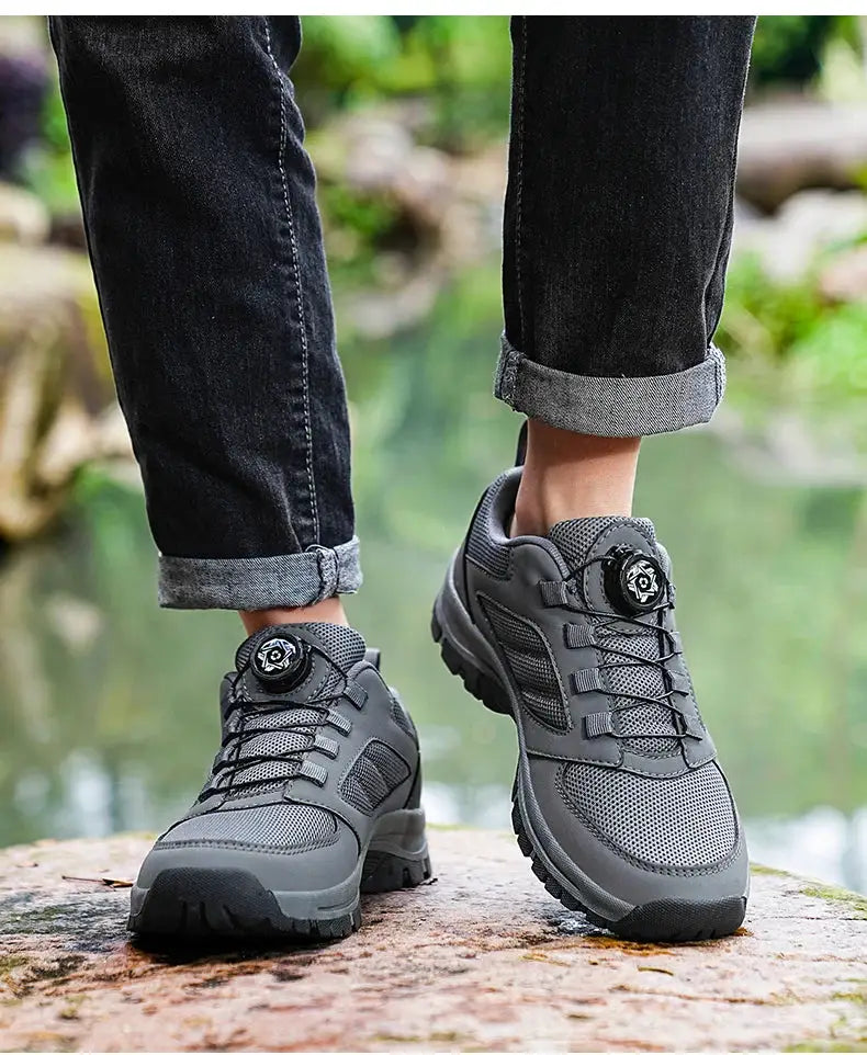 Men's Simples Market outdoor hiking shoes with rotating buckle, gray mesh upper, anti-slip sole (size 39-48)