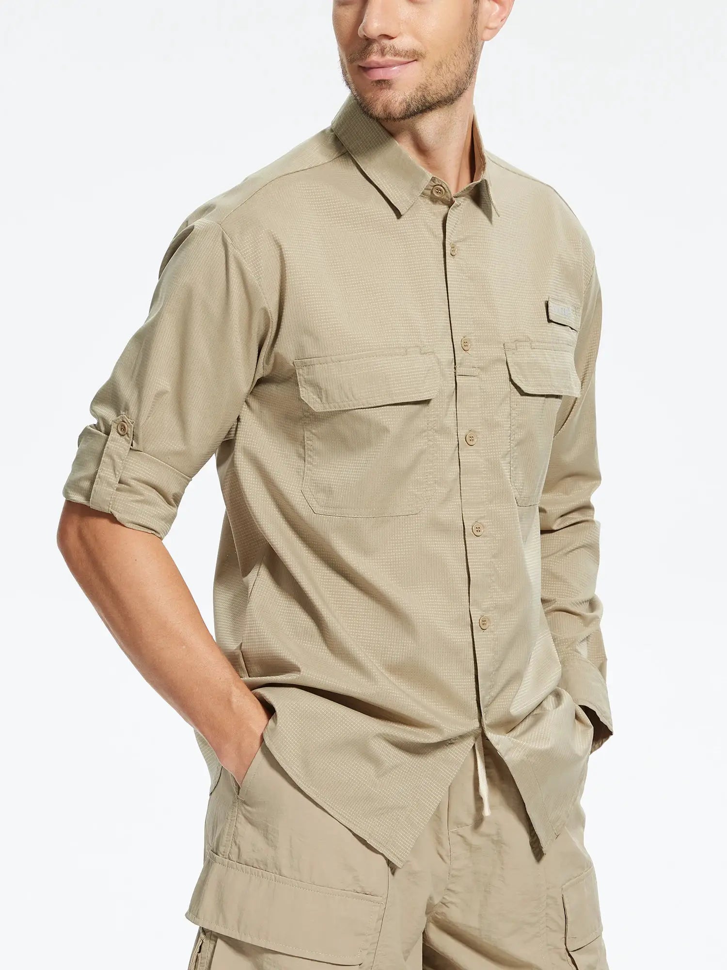 Summer Men's UPF 50+ Casual Long Sleeve Fishing Shirts, Lightweight Tactical Button Down Shirt with Breathable Back Mesh
