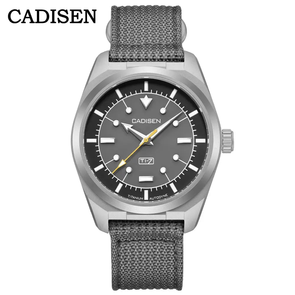 CADISEN TI-7 wristwatch with titanium-steel case, gray dial, canvas strap, MIYOTA 8215 automatic, luminous hands