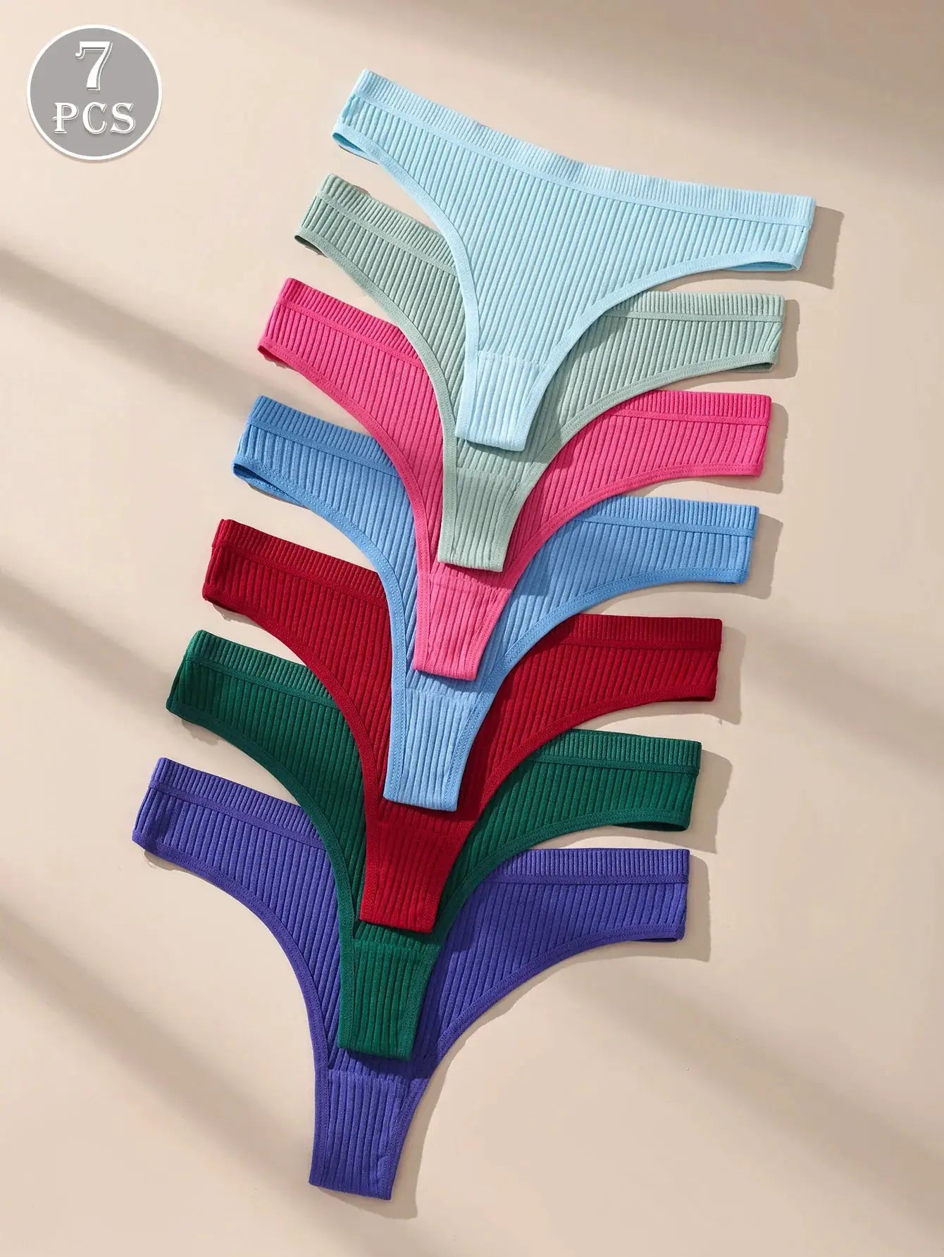7-piece ribbed cotton thong panties set for women in assorted colors